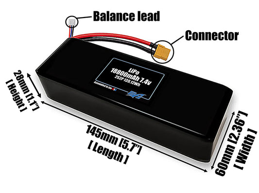 Size reference photo of the 18800mAh 7.4V LiPo pack showing 145 mm by 60 mm by 28 mm dimensions ideal for drones or large robotic systems where space matters.
