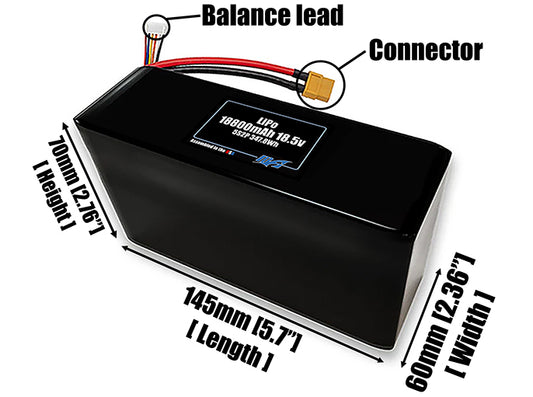 Size reference photo of the 18800mAh 18.5V LiPo pack showing 145 mm by 60 mm by 70 mm dimensions ideal for drones or large robotic systems where space matters.