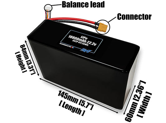 Size reference photo of the 18800mAh 22.2V LiPo pack showing 145 mm by 60 mm by 84 mm dimensions ideal for drones or large robotic systems where space matters.