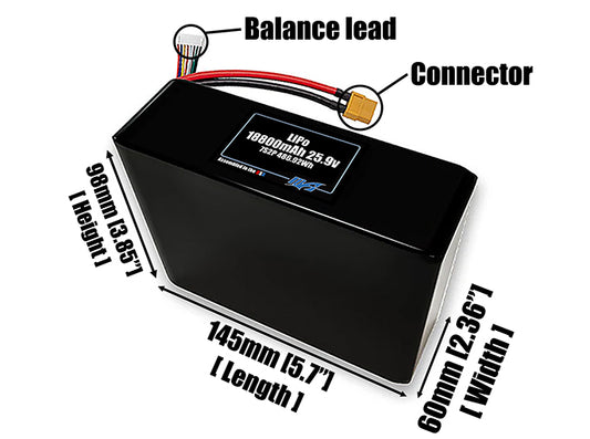 Size reference photo of the 18800mAh 25.9V LiPo pack showing 145 mm by 60 mm by 98 mm dimensions ideal for drones or large robotic systems where space matters.