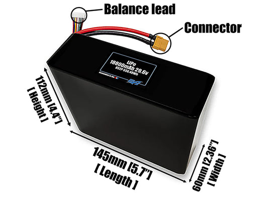 Size reference photo of the 18800mAh 29.6V LiPo pack showing 145 mm by 60 mm by 112 mm dimensions ideal for drones or large robotic systems where space matters.