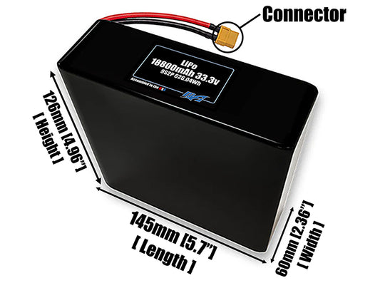 Size reference photo of the 18800mAh 33.3V LiPo pack showing 145 mm by 60 mm by 126 mm dimensions ideal for drones or large robotic systems where space matters.