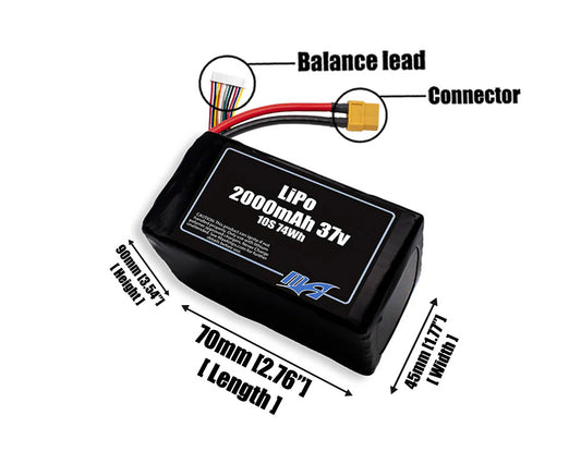Size reference photo of the 2000mAh 37V LiPo pack showing 70 mm by 45 mm by 90 mm dimensions ideal for drones or robotic systems where space matters.