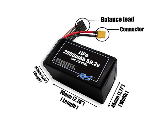 Size reference photo of the 2000mAh 59.2V LiPo pack showing 70 mm by 45 mm by 144 mm dimensions ideal for drones or robotic systems where space matters.