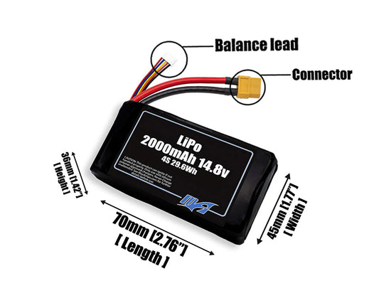Size reference photo of the 2000mAh 14.8V LiPo pack showing 70 mm by 45 mm by 36 mm dimensions ideal for drones or robotic systems where space matters.
