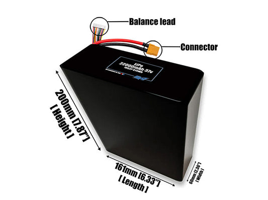 Size reference photo of the 22000mAh 37V LiPo pack showing 161 mm by 60 mm by 180 mm dimensions ideal for drones or large robotic systems where space matters.