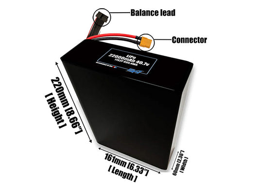 Size reference photo of the 22000mAh 40.7V LiPo pack showing 161 mm by 60 mm by 198 mm dimensions ideal for drones or large robotic systems where space matters.