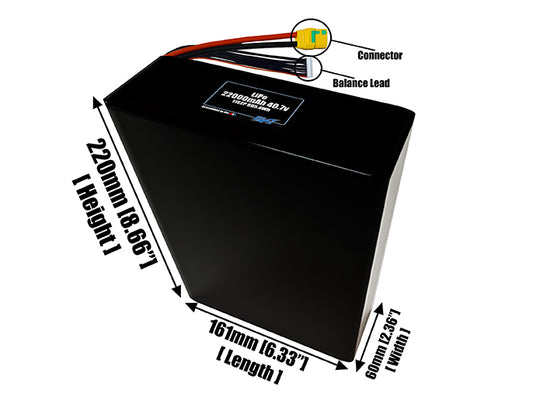 Size reference photo of the 22000mAh 40.7V LiPo pack showing 161 mm by 60 mm by 220 mm dimensions ideal for drones or large robotic systems where space matters.