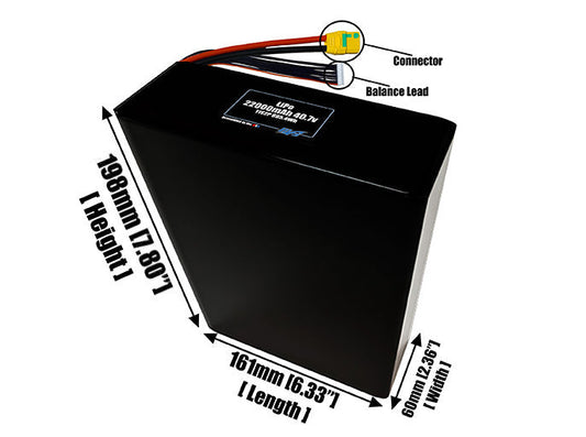 Size reference photo of the 22000mAh 40.7V LiPo pack showing 161 mm by 60 mm by 198 mm dimensions ideal for drones or large robotic systems where space matters.