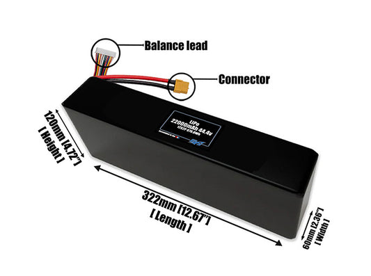 Size reference photo of the 22000mAh 44.4V ETE LiPo pack showing 322 mm by 60 mm by 108 mm dimensions ideal for drones or large robotic systems where space matters.