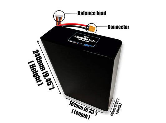 Size reference photo of the 22000mAh 44.4V LiPo pack showing 161 mm by 60 mm by 216 mm dimensions ideal for drones or large robotic systems where space matters.