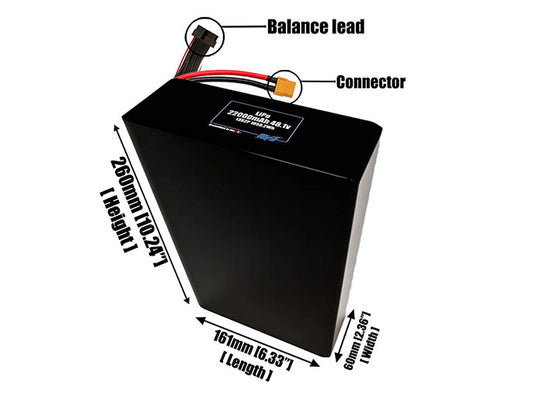 Size reference photo of the 22000mAh 48.1V LiPo pack showing 161 mm by 60 mm by 234 mm dimensions ideal for drones or large robotic systems where space matters.