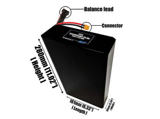 Size reference photo of the 22000mAh 51.8V LiPo pack showing 161 mm by 60 mm by 252 mm dimensions ideal for drones or large robotic systems where space matters.