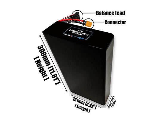 Size reference photo of the 22000mAh 55.5V LiPo pack showing 161 mm by 60 mm by 270 mm dimensions ideal for drones or large robotic systems where space matters.
