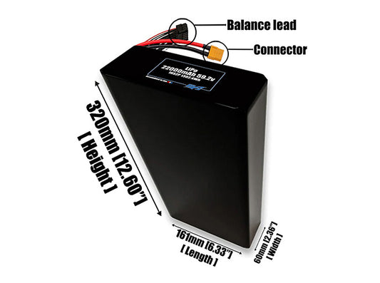 Size reference photo of the 22000mAh 59.2V LiPo pack showing 161 mm by 60 mm by 288 mm dimensions ideal for drones or large robotic systems where space matters.