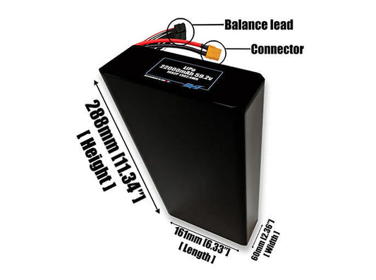 Size reference photo of the 22000mAh 59.2V LiPo pack showing 161 mm by 60 mm by 288 mm dimensions ideal for drones or large robotic systems where space matters.