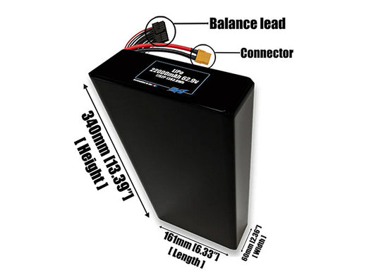 Size reference photo of the 22000mAh 62.9V LiPo pack showing 161 mm by 60 mm by 306 mm dimensions ideal for drones or large robotic systems where space matters.