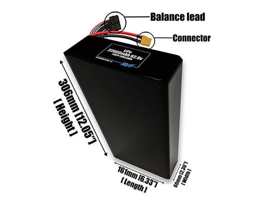 Size reference photo of the 22000mAh 62.9V LiPo pack showing 161 mm by 60 mm by 306 mm dimensions ideal for drones or large robotic systems where space matters.