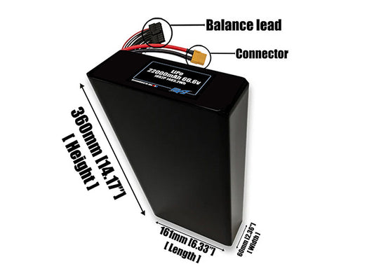 Size reference photo of the 22000mAh 66.6V LiPo pack showing 161 mm by 60 mm by 324 mm dimensions ideal for drones or large robotic systems where space matters.