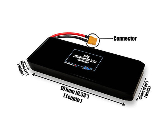 Size reference photo of the 22000mAh 3.7V LiPo pack showing 161 mm by 60 mm by 18 mm dimensions ideal for drones or large robotic systems where space matters.