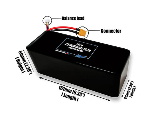 Size reference photo of the 22000mAh 11.1V LiPo pack showing 161 mm by 60 mm by 60 mm dimensions ideal for drones or large robotic systems where space matters.