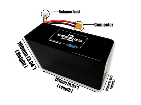 Size reference photo of the 22000mAh 18.5V LiPo pack showing 161 mm by 60 mm by 90 mm dimensions ideal for drones or large robotic systems where space matters.