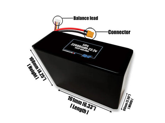 Size reference photo of the 22000mAh 22.2V LiPo pack showing 161 mm by 60 mm by 108 mm dimensions ideal for drones or large robotic systems where space matters.