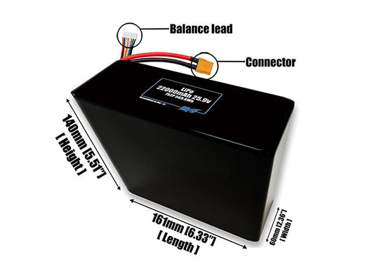 Size reference photo of the 22000mAh 25.9V LiPo pack showing 161 mm by 60 mm by 126 mm dimensions ideal for drones or large robotic systems where space matters.