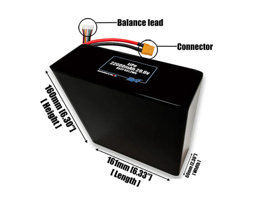 Size reference photo of the 22000mAh 29.6V LiPo pack showing 161 mm by 60 mm by 144 mm dimensions ideal for drones or large robotic systems where space matters.