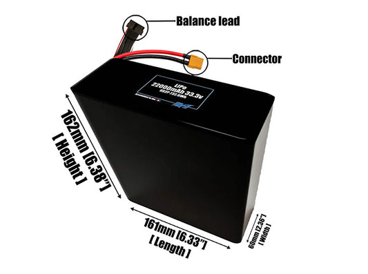 Size reference photo of the 22000mAh 33.3V LiPo pack showing 161 mm by 60 mm by 162 mm dimensions ideal for drones or large robotic systems where space matters.