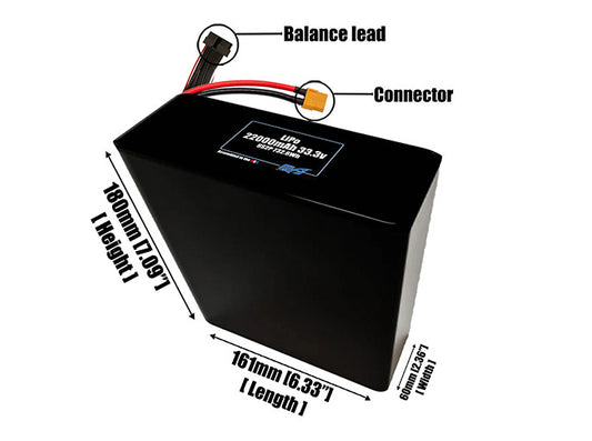 Size reference photo of the 22000mAh 33.3V LiPo pack showing 161 mm by 60 mm by 180 mm dimensions ideal for drones or large robotic systems where space matters.