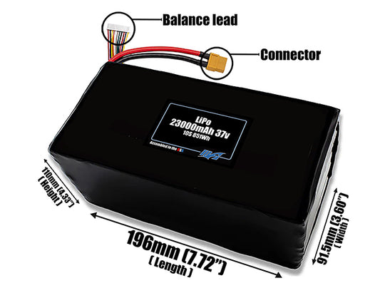 Size reference photo of the 23000mAh 37V LiPo pack showing 196 mm by 91.5 mm by 110 mm dimensions ideal for drones or large robotic systems where space matters.