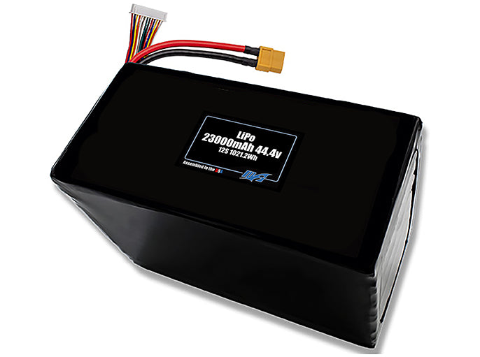 Compact 44.4-volt 23000mAh lithium-polymer battery, built for lightweight drone, UAV, and robotics projects.