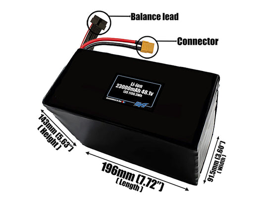 Size reference photo of the 23000mAh 48.1V LiPo pack showing 196 mm by 91.5 mm by 143 mm dimensions ideal for drones or large robotic systems where space matters.