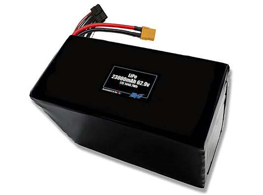 Compact 62.9-volt 23000mAh lithium-polymer battery, built for lightweight drone, UAV, and robotics projects.