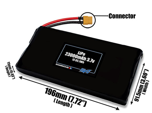 Size reference photo of the 23000mAh 3.7V LiPo pack showing 196 mm by 91.5 mm by 11 mm dimensions ideal for drones or large robotic systems where space matters.