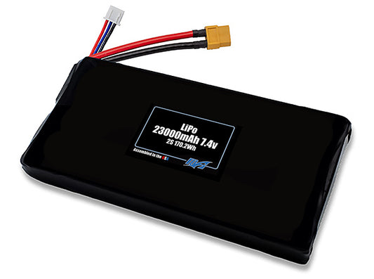 Compact 7.4-volt 23000mAh lithium-polymer battery, built for lightweight drone, UAV, and robotics projects.