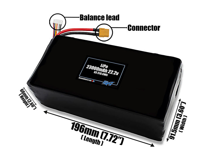 Size reference photo of the 23000mAh 22.2V LiPo pack showing 196 mm by 91.5 mm by 66 mm dimensions ideal for drones or large robotic systems where space matters.
