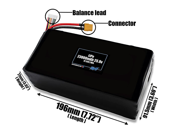 Size reference photo of the 23000mAh 25.9V LiPo pack showing 196 mm by 91.5 mm by 77 mm dimensions ideal for drones or large robotic systems where space matters.