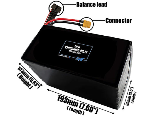 Size reference photo of the 27000mAh 48.1V LiPo pack showing 193 mm by 89 mm by 143 mm dimensions ideal for drones or large robotic systems where space matters.