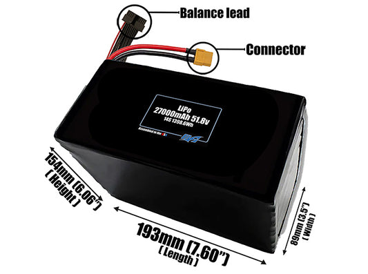 Size reference photo of the 27000mAh 51.8V LiPo pack showing 193 mm by 89 mm by 154 mm dimensions ideal for drones or large robotic systems where space matters.