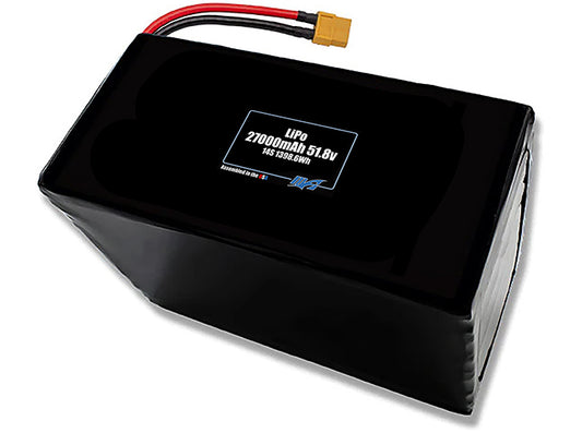Compact 51.8-volt 27000mAh lithium-polymer battery, built for lightweight drone, UAV, and robotics projects.