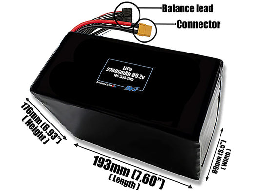 Size reference photo of the 27000mAh 59.2V LiPo pack showing 193 mm by 89 mm by 176 mm dimensions ideal for drones or large robotic systems where space matters.