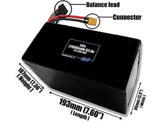 Size reference photo of the 27000mAh 62.9V LiPo pack showing 193 mm by 89 mm by 187 mm dimensions ideal for drones or large robotic systems where space matters.