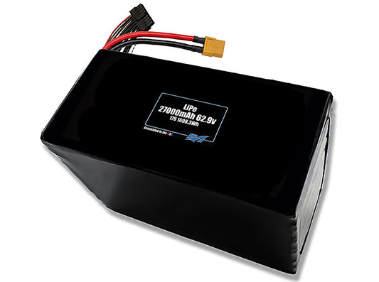 Compact 62.9-volt 27000mAh lithium-polymer battery, built for lightweight drone, UAV, and robotics projects.