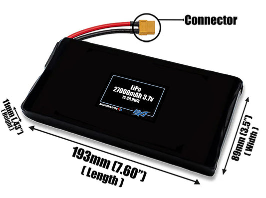 Size reference photo of the 27000mAh 3.7V LiPo pack showing 193 mm by 89 mm by 11 mm dimensions ideal for drones or large robotic systems where space matters.