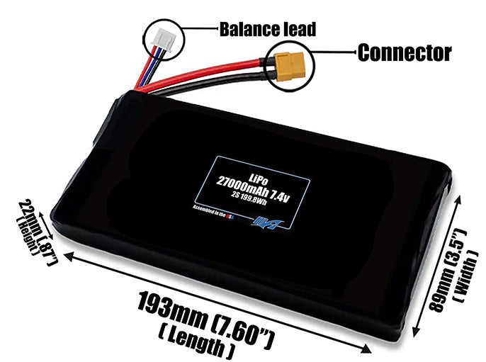 Size reference photo of the 27000mAh 7.4V LiPo pack showing 193 mm by 89 mm by 22 mm dimensions ideal for drones or large robotic systems where space matters.