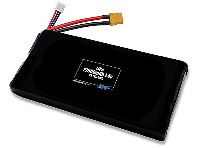 Compact 7.4-volt 27000mAh lithium-polymer battery, built for lightweight drone, UAV, and robotics projects.