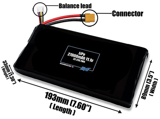 Size reference photo of the 27000mAh 11.1V LiPo pack showing 193 mm by 89 mm by 33 mm dimensions ideal for drones or large robotic systems where space matters.