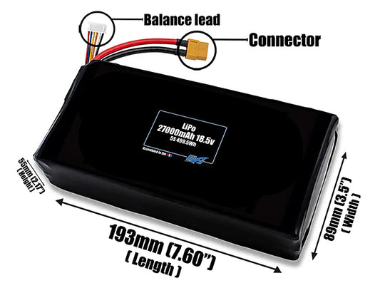 Size reference photo of the 27000mAh 18.5V LiPo pack showing 193 mm by 89 mm by 55 mm dimensions ideal for drones or large robotic systems where space matters.